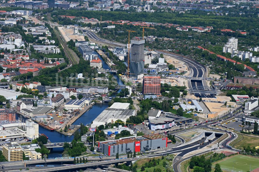 Berlin von oben - Baustellen zum Neubau der Verlängerung der Stadtautobahn A100 im Ortsteil Neukölln in Berlin, Deutschland