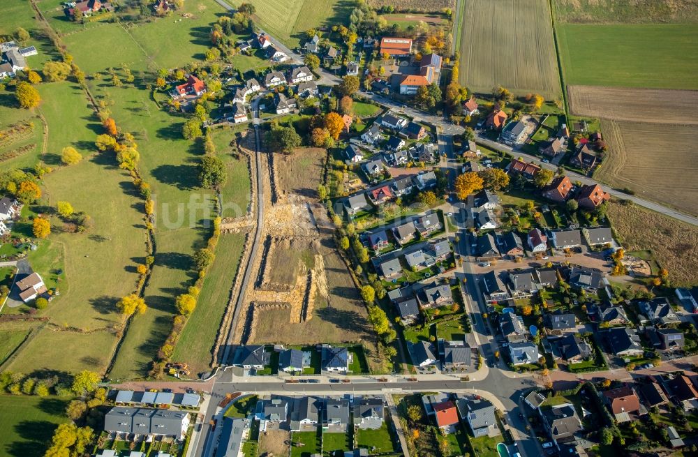 Hamm aus der Vogelperspektive: Baustellen zum Neubau- Wohngebiet einer Einfamilienhaus- Siedlung Brandheide in Hamm im Bundesland Nordrhein-Westfalen