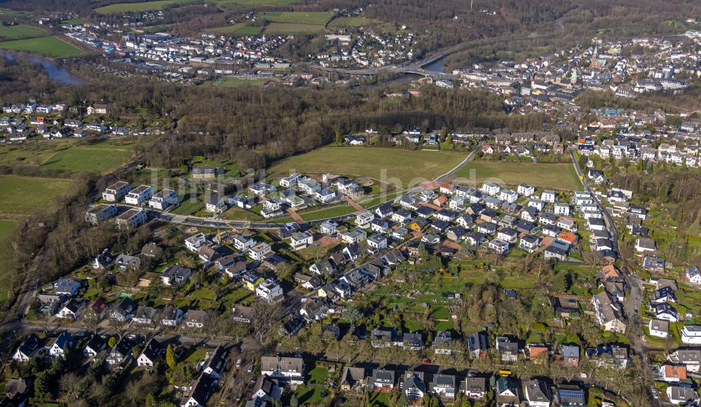 Heidhausen von oben - Baustellen zum Neubau- Wohngebiet einer Einfamilienhaus- Siedlung Grüne Harfe in Heidhausen im Bundesland Nordrhein-Westfalen - NRW, Deutschland