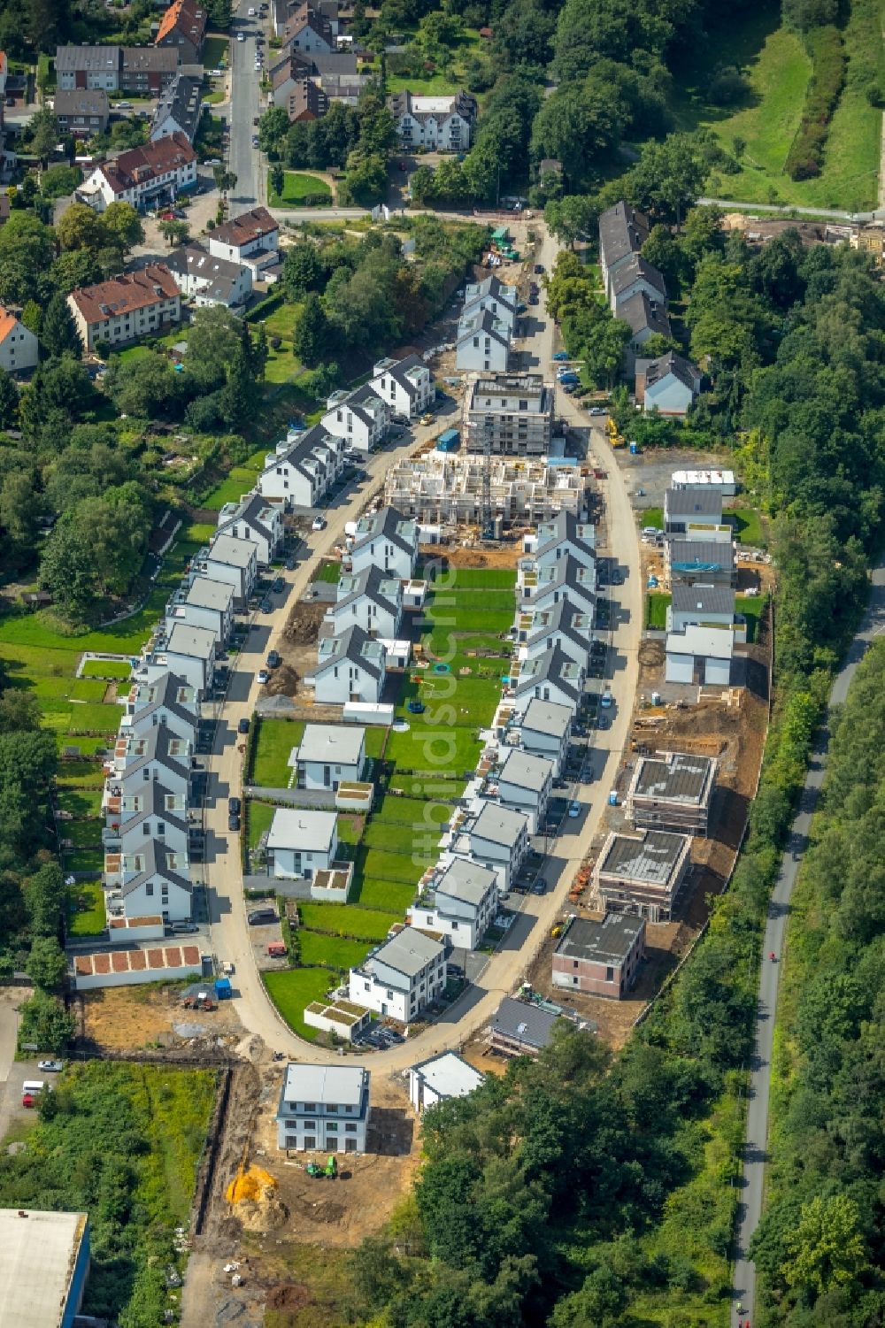 Luftbild Bochum - Baustellen zum Neubau- Wohngebiet einer Einfamilienhaus- Siedlung „ Markscher Bogen “ in Weitmar in Bochum im Bundesland Nordrhein-Westfalen, Deutschland