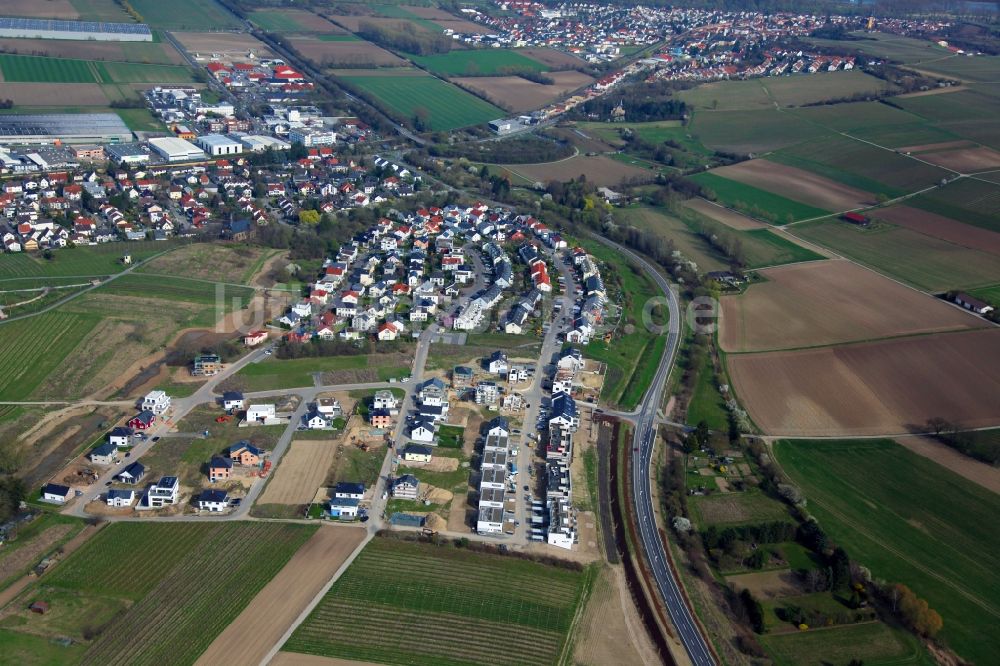 Bodenheim von oben - Baustellen zum Neubau- Wohngebiet einer Einfamilienhaus- Siedlung am Ortsrand von Bodenheim im Bundesland Rheinland-Pfalz