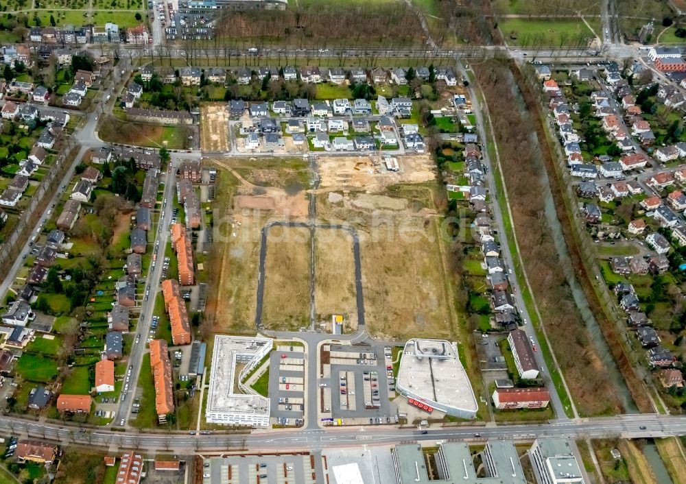 Hamm aus der Vogelperspektive: Baustellen zum Neubau- Wohngebiet einer Einfamilienhaus- Siedlung Paracelsuspark der Paracelsus GmbH & Co. KG in Hamm im Bundesland Nordrhein-Westfalen