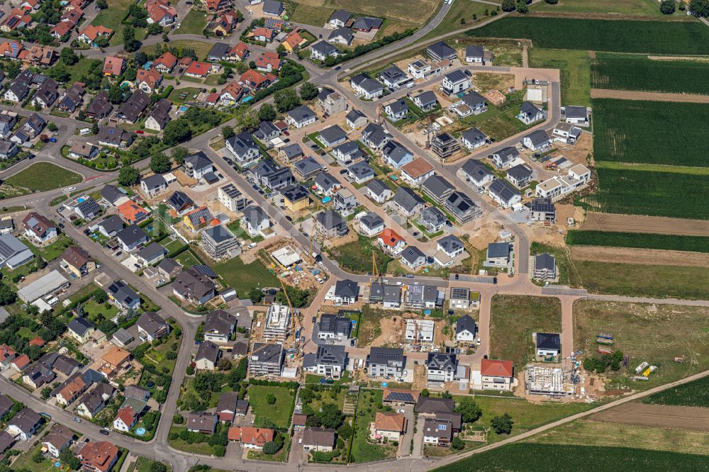 Rheinhausen aus der Vogelperspektive: Baustellen zum Neubau- Wohngebiet einer Einfamilienhaus- Siedlung in Rheinhausen im Bundesland Baden-Württemberg, Deutschland