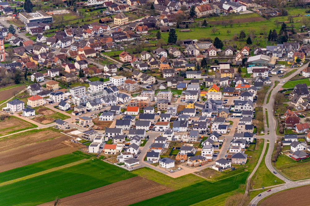 Luftaufnahme Rheinhausen - Baustellen zum Neubau- Wohngebiet einer Einfamilienhaus- Siedlung in Rheinhausen im Bundesland Baden-Württemberg, Deutschland