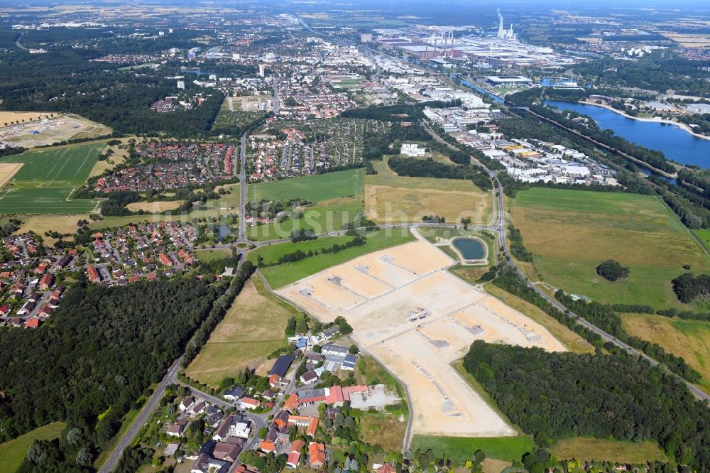 Wolfsburg aus der Vogelperspektive: Baustellen zum Neubau- Wohngebiet einer Einfamilienhaus- Siedlung Wiesengarten in Wolfsburg im Bundesland Niedersachsen, Deutschland