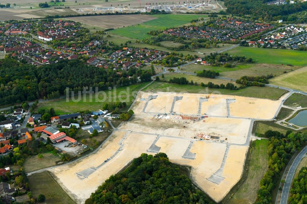 Wolfsburg von oben - Baustellen zum Neubau- Wohngebiet einer Einfamilienhaus- Siedlung Wiesengarten in Wolfsburg im Bundesland Niedersachsen, Deutschland