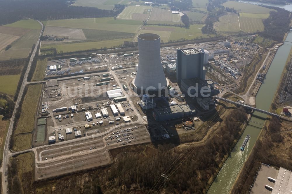 Luftaufnahme Datteln - Baustopp auf der Baustelle des neue Steinkohlekraftwerk Datteln am Dortmund-Ems-Kanal im Bundesland Nordrhein-Westfalen