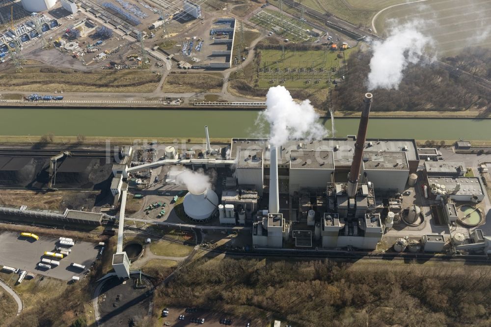 Datteln aus der Vogelperspektive: Baustopp auf der Baustelle des neue Steinkohlekraftwerk Datteln am Dortmund-Ems-Kanal im Bundesland Nordrhein-Westfalen