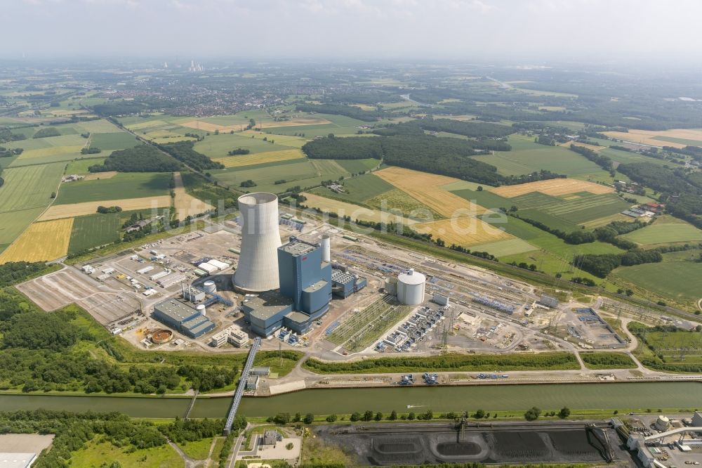 Datteln aus der Vogelperspektive: Baustopp auf der Baustelle des neue Steinkohlekraftwerk Datteln am Dortmund-Ems-Kanal im Bundesland Nordrhein-Westfalen