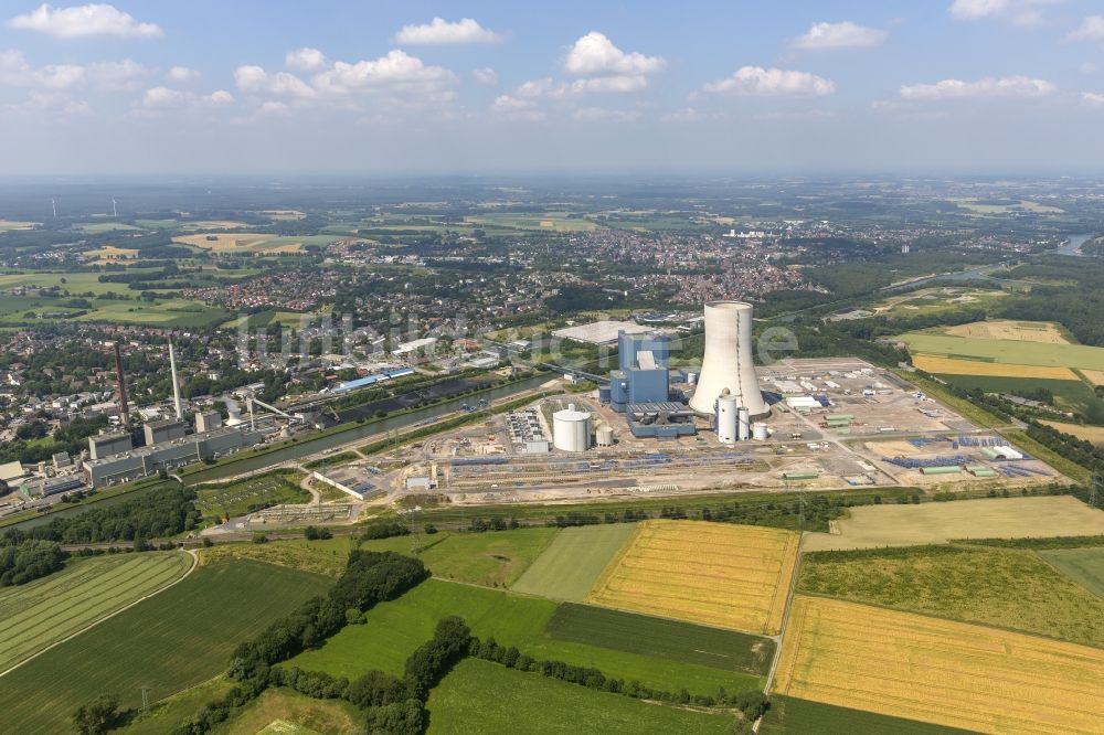 Datteln aus der Vogelperspektive: Baustopp auf der Baustelle des neue Steinkohlekraftwerk Datteln am Dortmund-Ems-Kanal im Bundesland Nordrhein-Westfalen