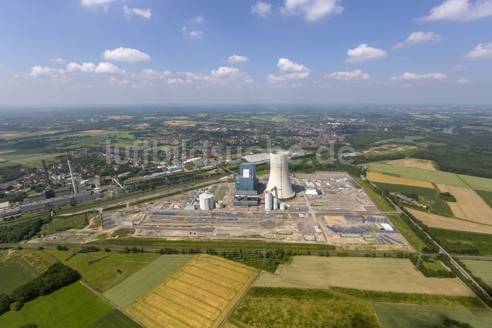 Luftbild Datteln - Baustopp auf der Baustelle des neue Steinkohlekraftwerk Datteln am Dortmund-Ems-Kanal im Bundesland Nordrhein-Westfalen