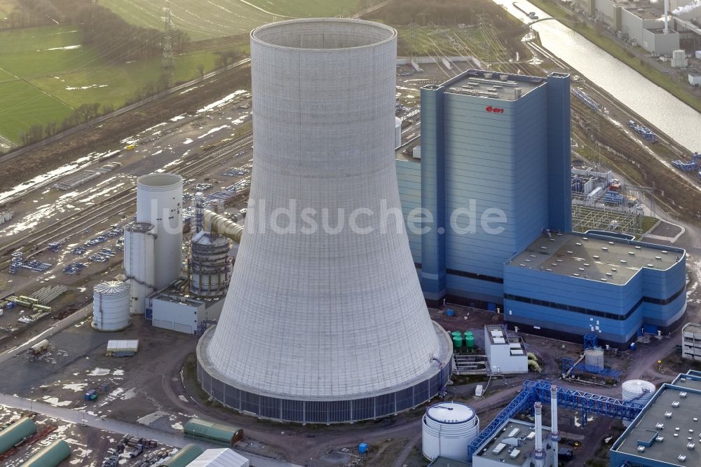 Datteln von oben - Baustopp auf der Baustelle des neue Steinkohlekraftwerk Datteln am Dortmund-Ems-Kanal im Bundesland Nordrhein-Westfalen