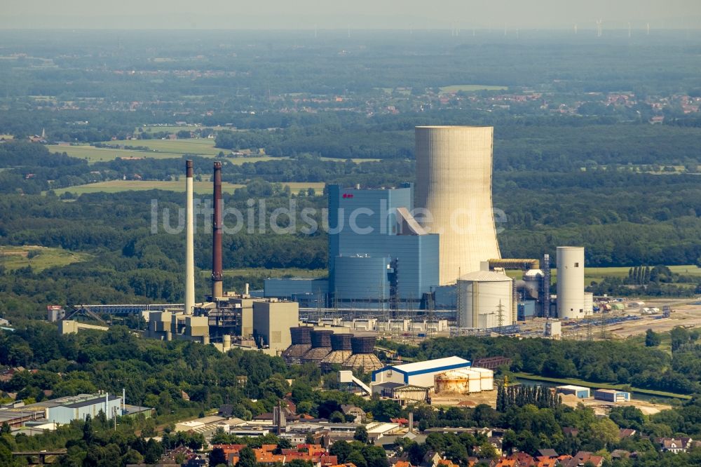 Luftaufnahme Datteln - Baustopp auf der Baustelle des neue Steinkohlekraftwerk Datteln am Dortmund-Ems-Kanal im Bundesland Nordrhein-Westfalen