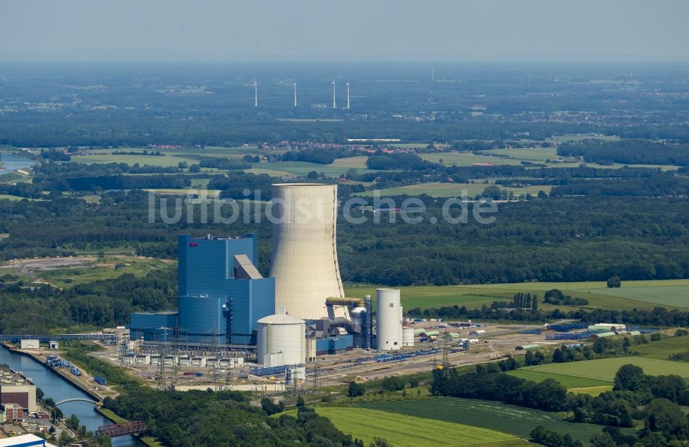 Datteln aus der Vogelperspektive: Baustopp auf der Baustelle des neue Steinkohlekraftwerk Datteln am Dortmund-Ems-Kanal im Bundesland Nordrhein-Westfalen