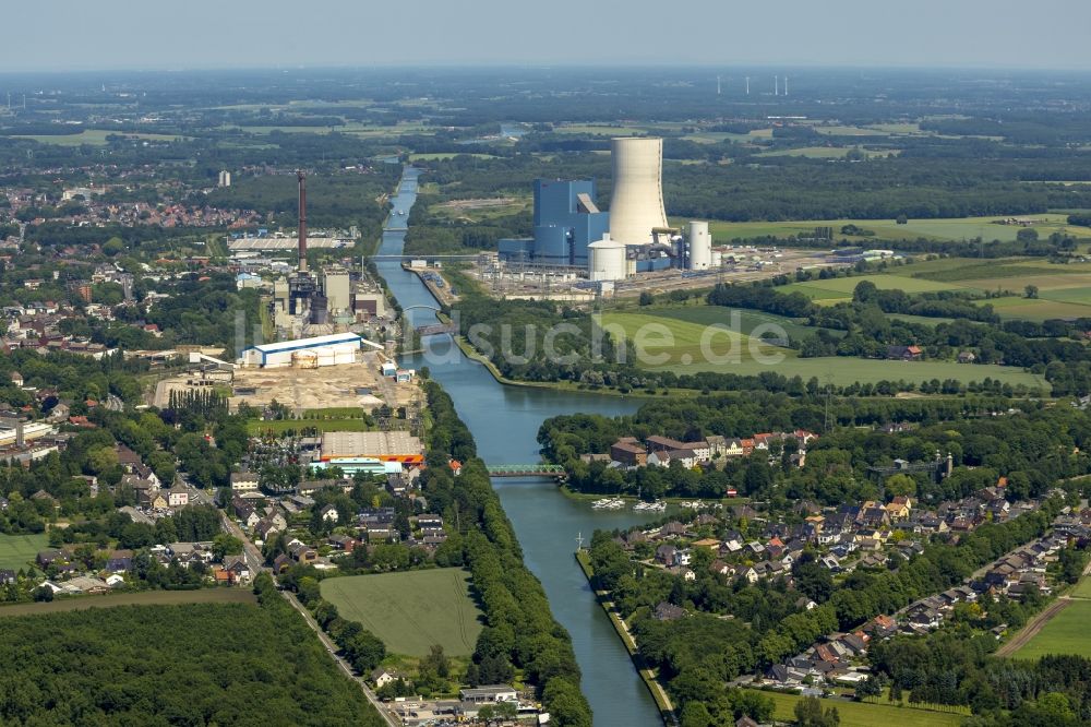 Luftbild Datteln - Baustopp auf der Baustelle des neue Steinkohlekraftwerk Datteln am Dortmund-Ems-Kanal im Bundesland Nordrhein-Westfalen