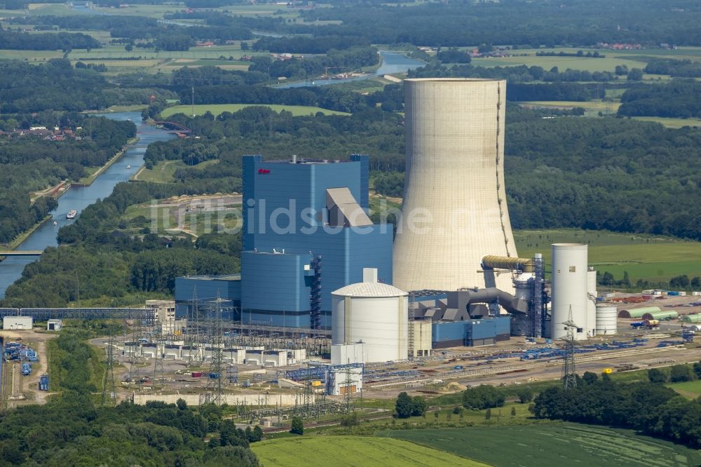 Datteln von oben - Baustopp auf der Baustelle des neue Steinkohlekraftwerk Datteln am Dortmund-Ems-Kanal im Bundesland Nordrhein-Westfalen