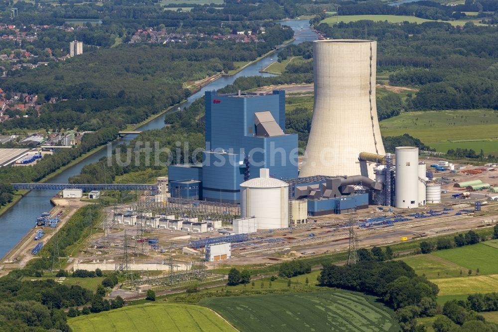 Luftbild Datteln - Baustopp auf der Baustelle des neue Steinkohlekraftwerk Datteln am Dortmund-Ems-Kanal im Bundesland Nordrhein-Westfalen