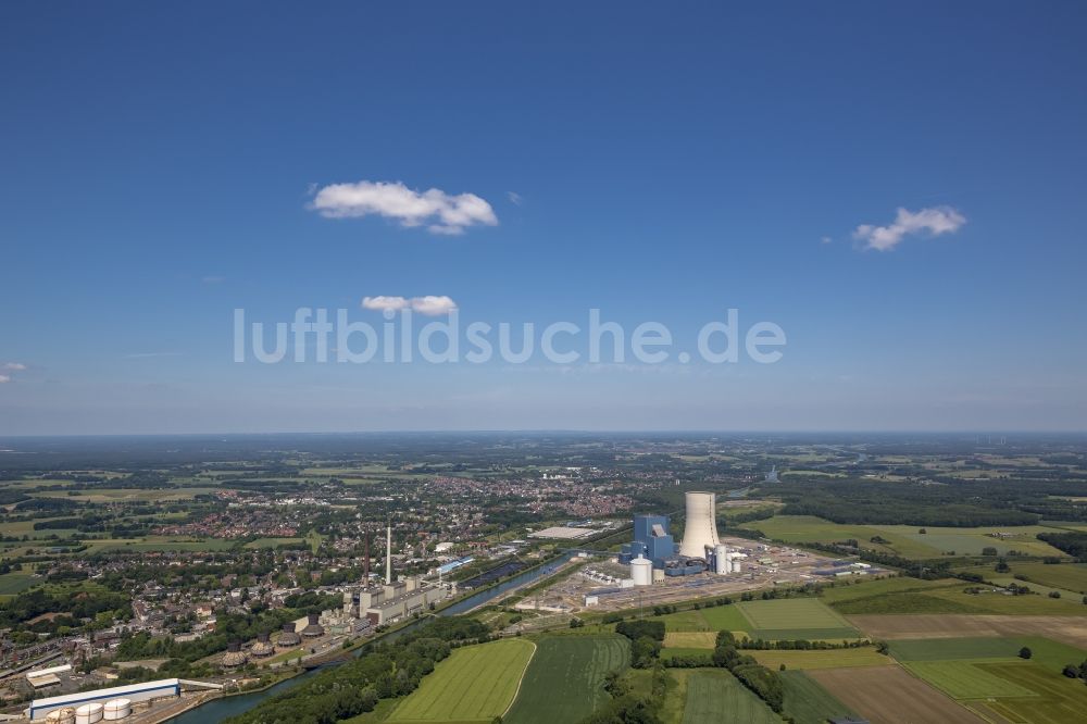 Luftaufnahme Datteln - Baustopp auf der Baustelle des neue Steinkohlekraftwerk Datteln am Dortmund-Ems-Kanal im Bundesland Nordrhein-Westfalen