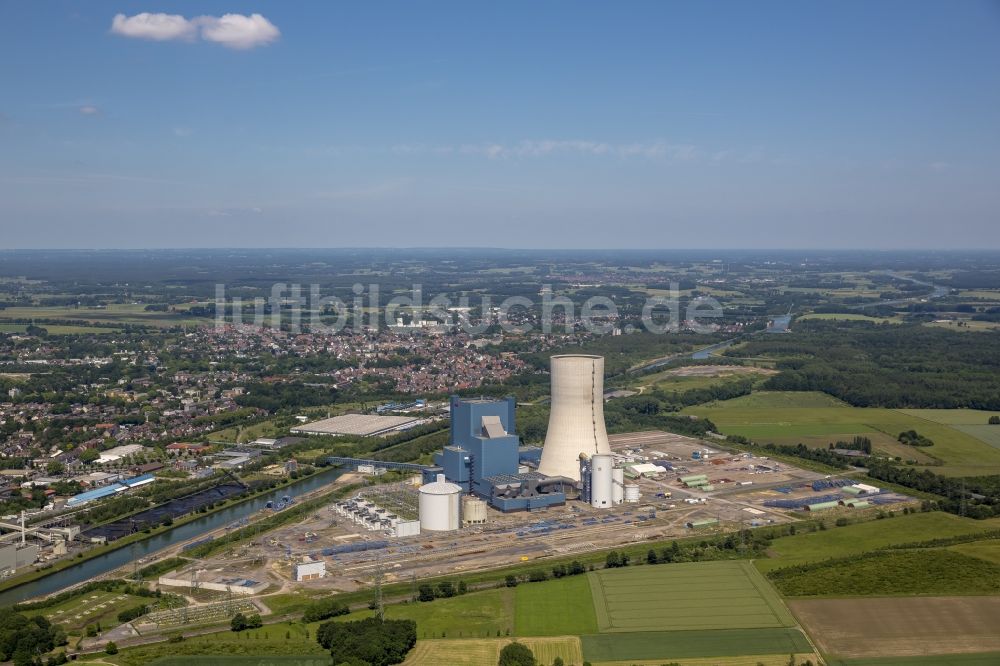 Datteln von oben - Baustopp auf der Baustelle des neue Steinkohlekraftwerk Datteln am Dortmund-Ems-Kanal im Bundesland Nordrhein-Westfalen