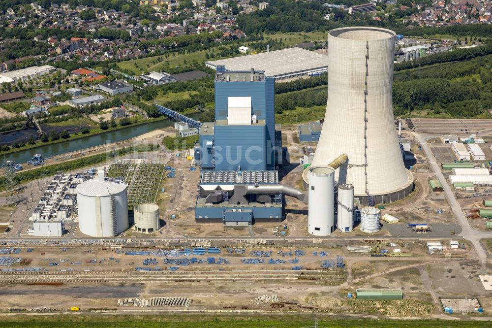 Datteln aus der Vogelperspektive: Baustopp auf der Baustelle des neue Steinkohlekraftwerk Datteln am Dortmund-Ems-Kanal im Bundesland Nordrhein-Westfalen