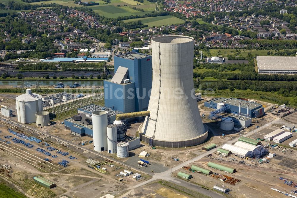 Luftaufnahme Datteln - Baustopp auf der Baustelle des neue Steinkohlekraftwerk Datteln am Dortmund-Ems-Kanal im Bundesland Nordrhein-Westfalen