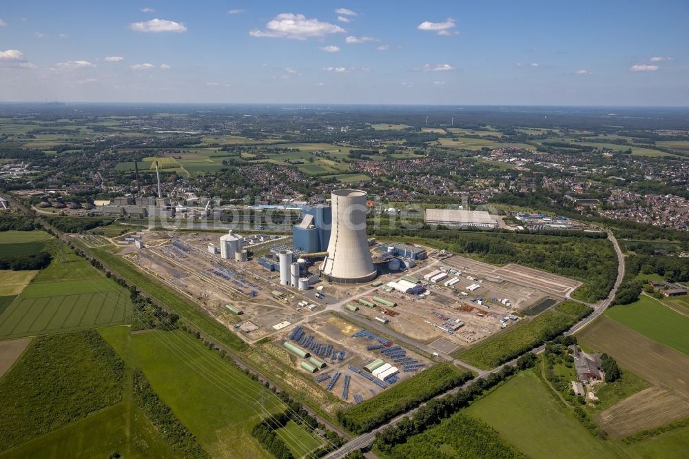 Datteln von oben - Baustopp auf der Baustelle des neue Steinkohlekraftwerk Datteln am Dortmund-Ems-Kanal im Bundesland Nordrhein-Westfalen