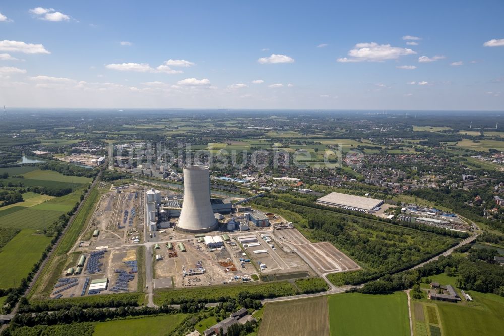 Datteln aus der Vogelperspektive: Baustopp auf der Baustelle des neue Steinkohlekraftwerk Datteln am Dortmund-Ems-Kanal im Bundesland Nordrhein-Westfalen