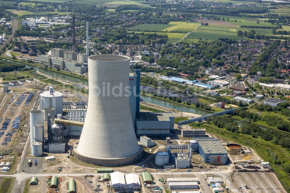 Luftaufnahme Datteln - Baustopp auf der Baustelle des neue Steinkohlekraftwerk Datteln am Dortmund-Ems-Kanal im Bundesland Nordrhein-Westfalen