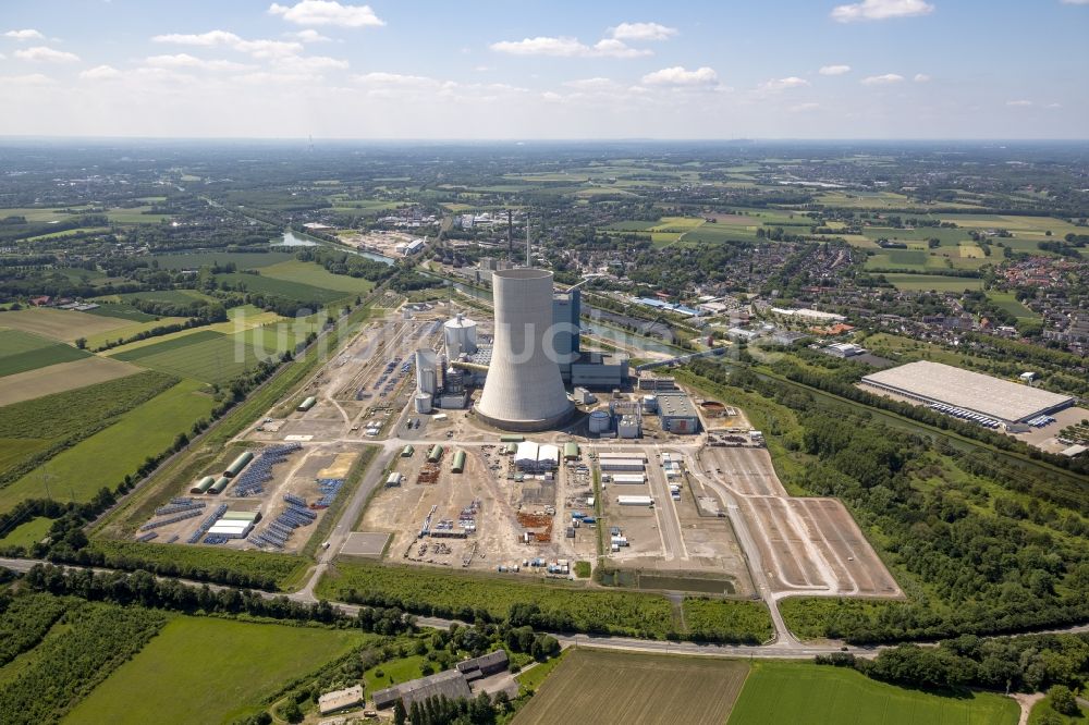 Datteln aus der Vogelperspektive: Baustopp auf der Baustelle des neue Steinkohlekraftwerk Datteln am Dortmund-Ems-Kanal im Bundesland Nordrhein-Westfalen