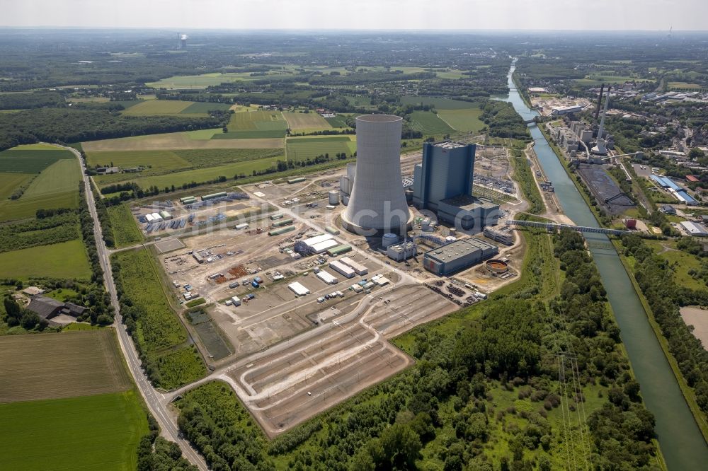 Datteln aus der Vogelperspektive: Baustopp auf der Baustelle des neue Steinkohlekraftwerk Datteln am Dortmund-Ems-Kanal im Bundesland Nordrhein-Westfalen