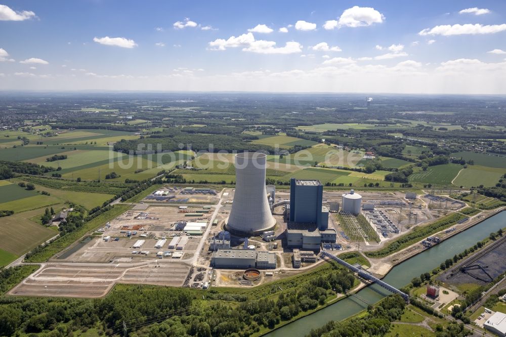 Luftaufnahme Datteln - Baustopp auf der Baustelle des neue Steinkohlekraftwerk Datteln am Dortmund-Ems-Kanal im Bundesland Nordrhein-Westfalen