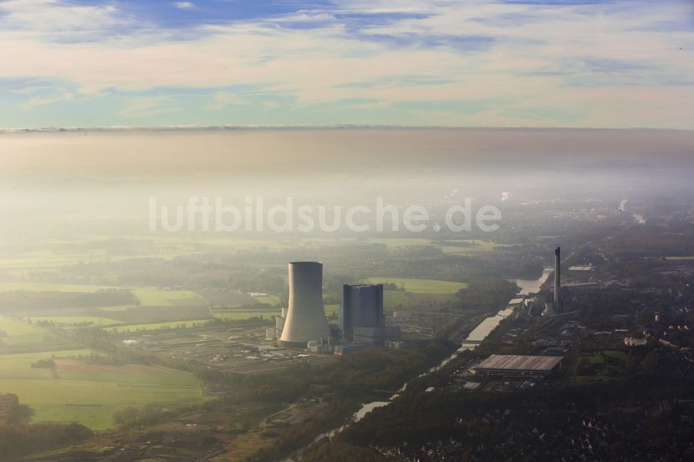 Luftbild Datteln - Baustopp auf der Baustelle des neue Steinkohlekraftwerk Datteln am Dortmund-Ems-Kanal im Bundesland Nordrhein-Westfalen