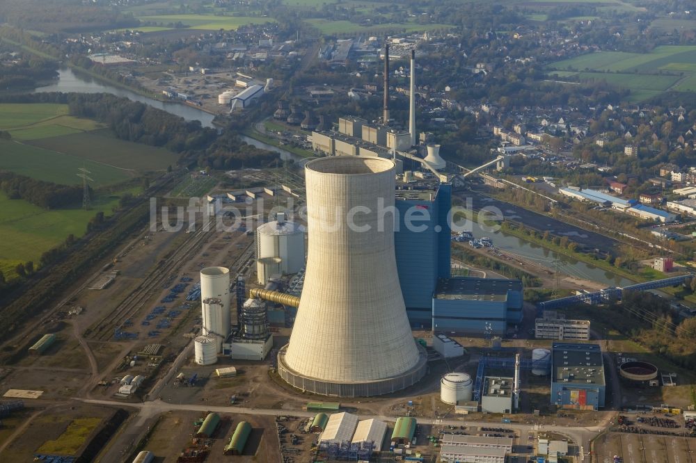 Datteln aus der Vogelperspektive: Baustopp auf der Baustelle des neue Steinkohlekraftwerk Datteln am Dortmund-Ems-Kanal im Bundesland Nordrhein-Westfalen