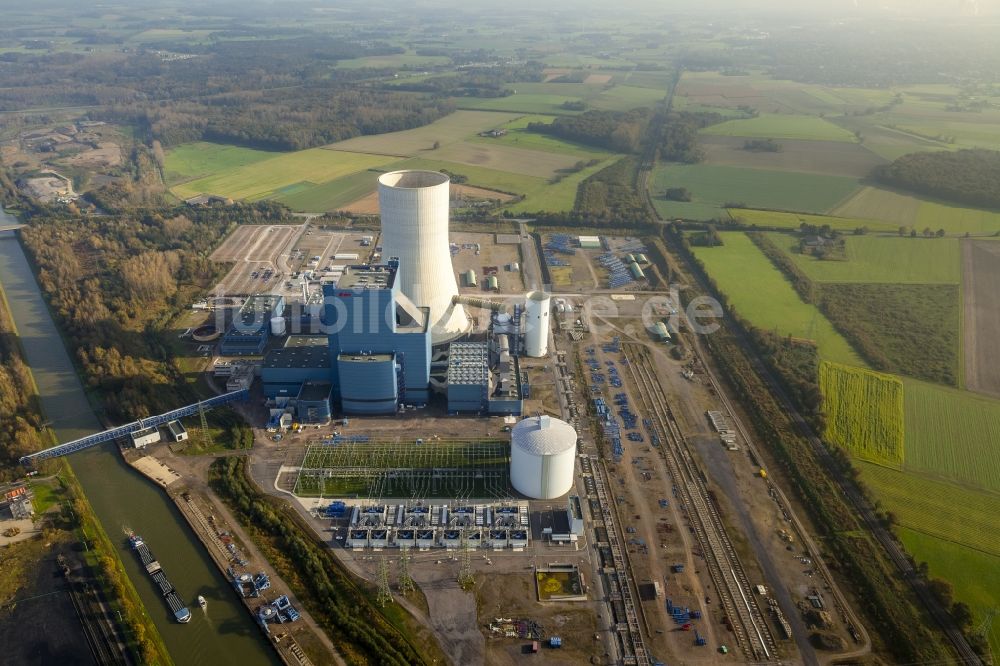 Datteln aus der Vogelperspektive: Baustopp auf der Baustelle des neue Steinkohlekraftwerk Datteln am Dortmund-Ems-Kanal im Bundesland Nordrhein-Westfalen