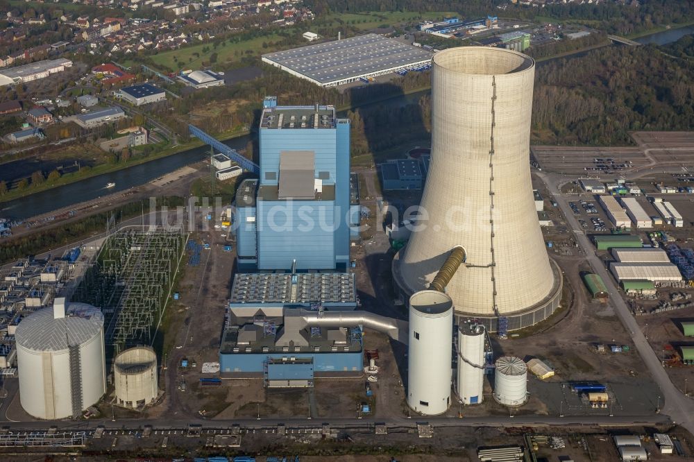 Luftbild Datteln - Baustopp auf der Baustelle des neue Steinkohlekraftwerk Datteln am Dortmund-Ems-Kanal im Bundesland Nordrhein-Westfalen