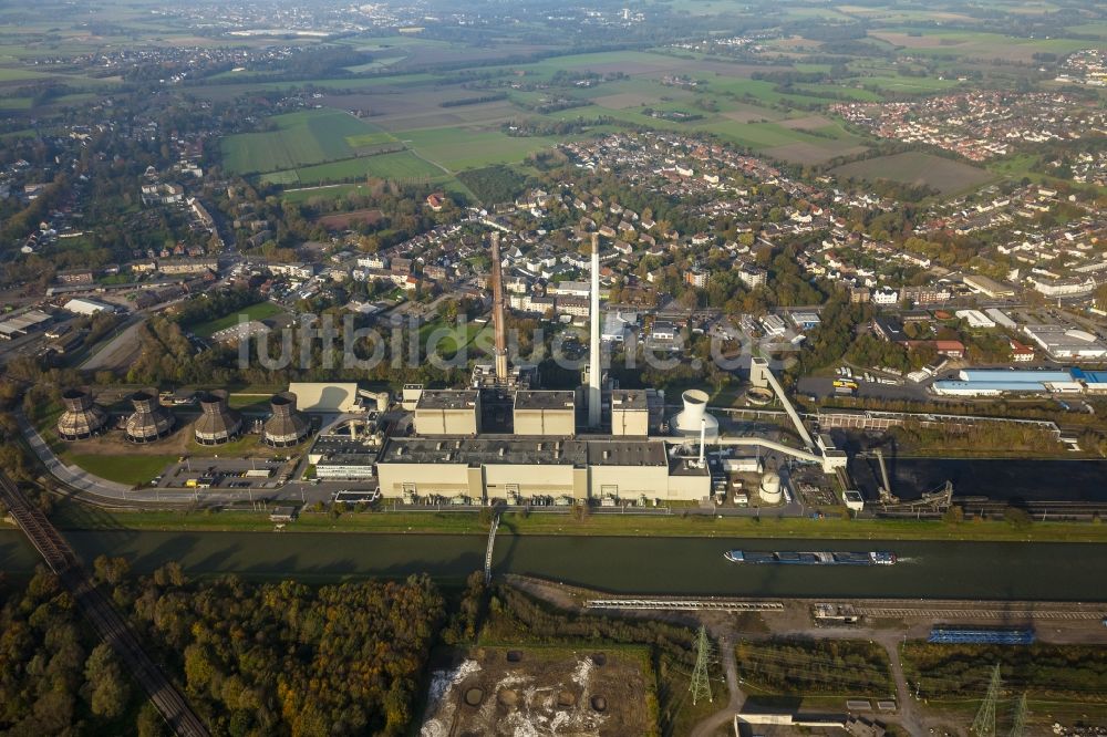 Datteln aus der Vogelperspektive: Baustopp auf der Baustelle des neue Steinkohlekraftwerk Datteln am Dortmund-Ems-Kanal im Bundesland Nordrhein-Westfalen