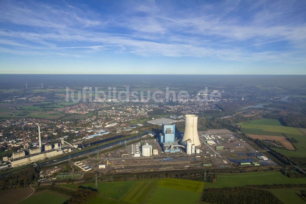 Luftbild Datteln - Baustopp auf der Baustelle des neue Steinkohlekraftwerk Datteln am Dortmund-Ems-Kanal im Bundesland Nordrhein-Westfalen