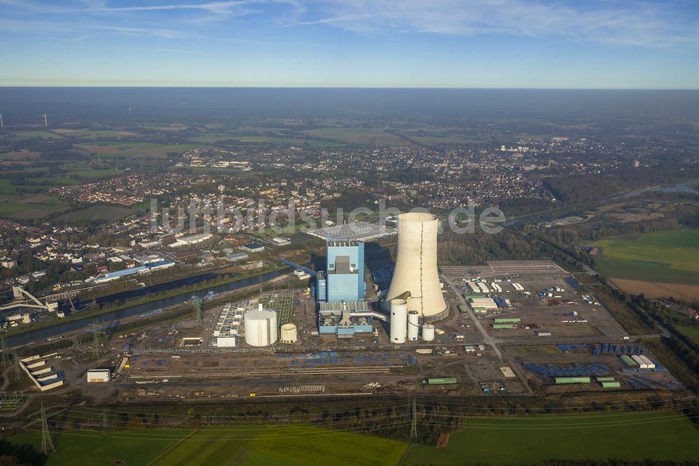 Luftaufnahme Datteln - Baustopp auf der Baustelle des neue Steinkohlekraftwerk Datteln am Dortmund-Ems-Kanal im Bundesland Nordrhein-Westfalen