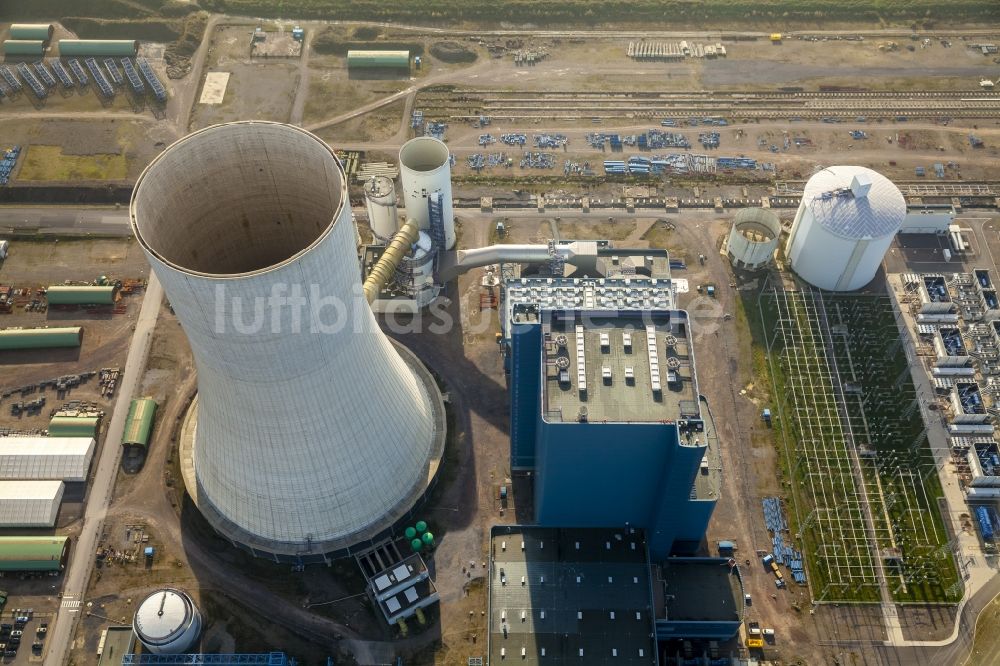 Datteln von oben - Baustopp auf der Baustelle des neue Steinkohlekraftwerk Datteln am Dortmund-Ems-Kanal im Bundesland Nordrhein-Westfalen