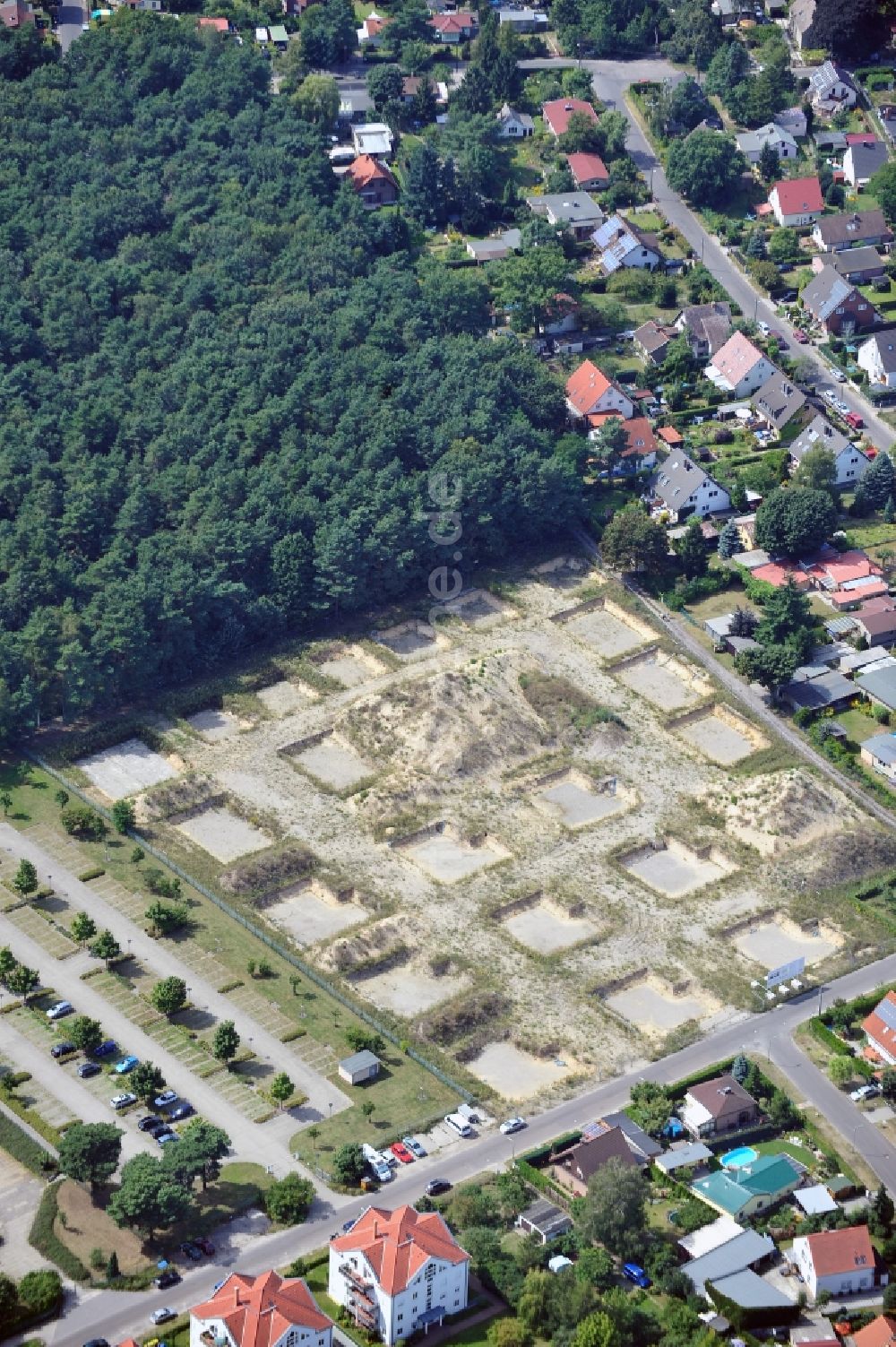 Luftaufnahme Berlin - Baustopp Wohnneubaugebiet Elsterstraße - Waldstraße in Berlin - Grünau