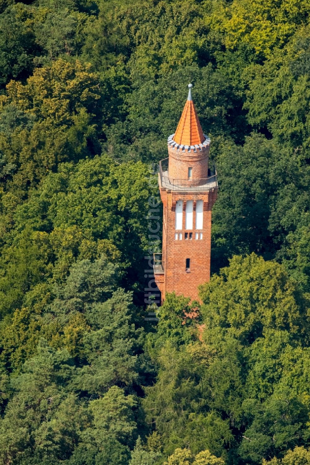 Neubrandenburg von oben - Bauwerk des Aussichtsturmes Behmshöhe in einem Wald im Süden von Neubrandenburg im Bundesland Mecklenburg-Vorpommern