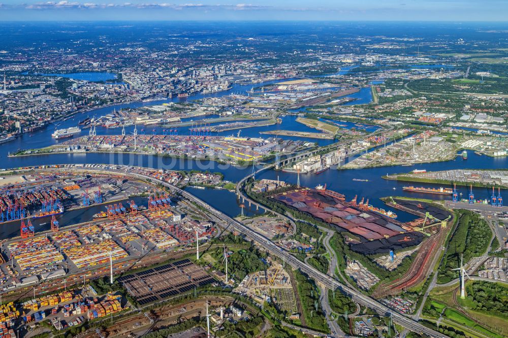 Luftaufnahme Hamburg - Belade- Verladestation für Sande und Schüttgüter im Hafenbereich Hansaport in Hamburg und Müllverwertungseinrichtung MVR Müllverwertung Rugenberger Damm GmbH & Co. KG