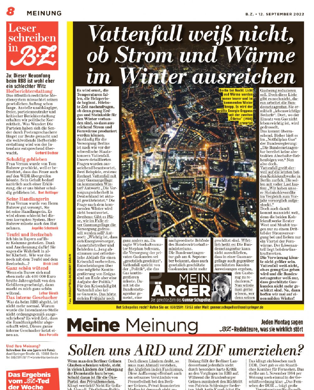 Berlin aus der Vogelperspektive: Belegausschnitt / Medienverwendung der Luftbildverwendung in Energiekrise - Stromkrise BZ Seite 8 in Berlin, Deutschland