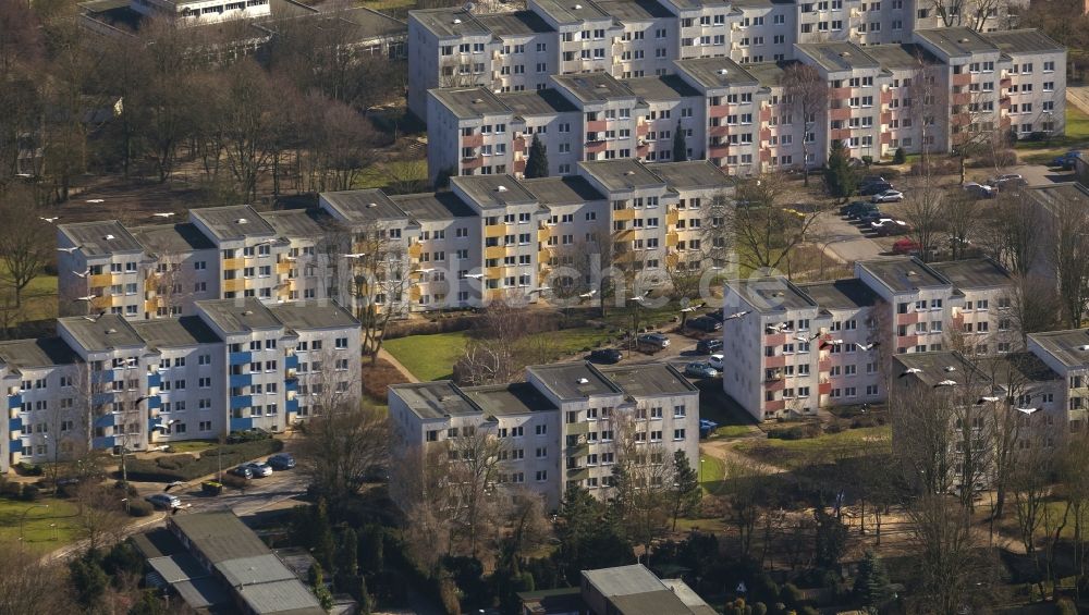 Luftaufnahme Marl - Überflug einer Formation fliegender Kraniche über einer Hochhaus - Mietwohnungs- Siedlung / Wohngebiet in Marl im Bundesland Nordrhein-Westfalen NRW