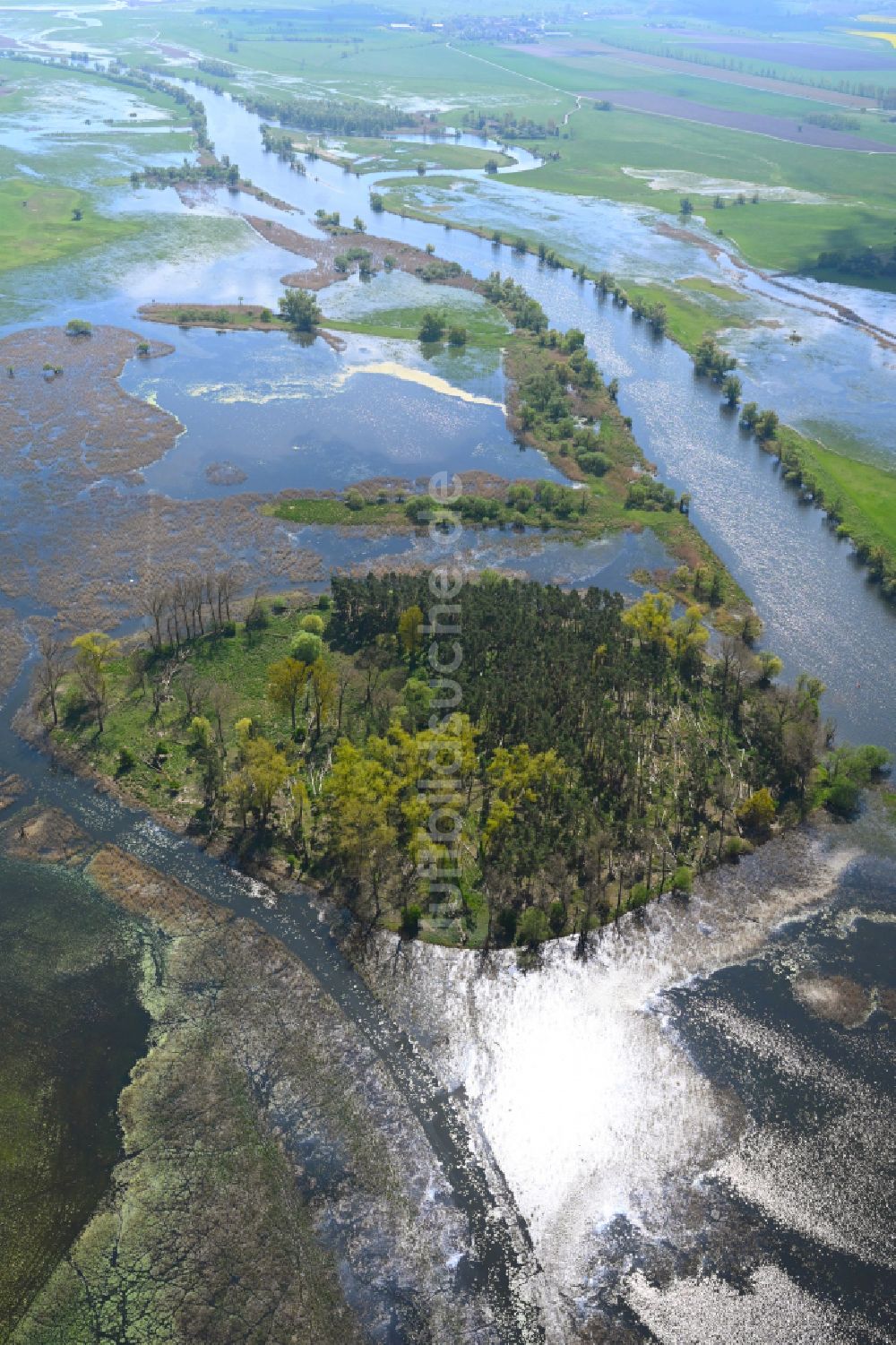 Jederitz aus der Vogelperspektive: Überflutete Flutungswiesen am Hochwasser- Pegel führenden Flußbett der Havel in Jederitz im Bundesland Sachsen-Anhalt, Deutschland