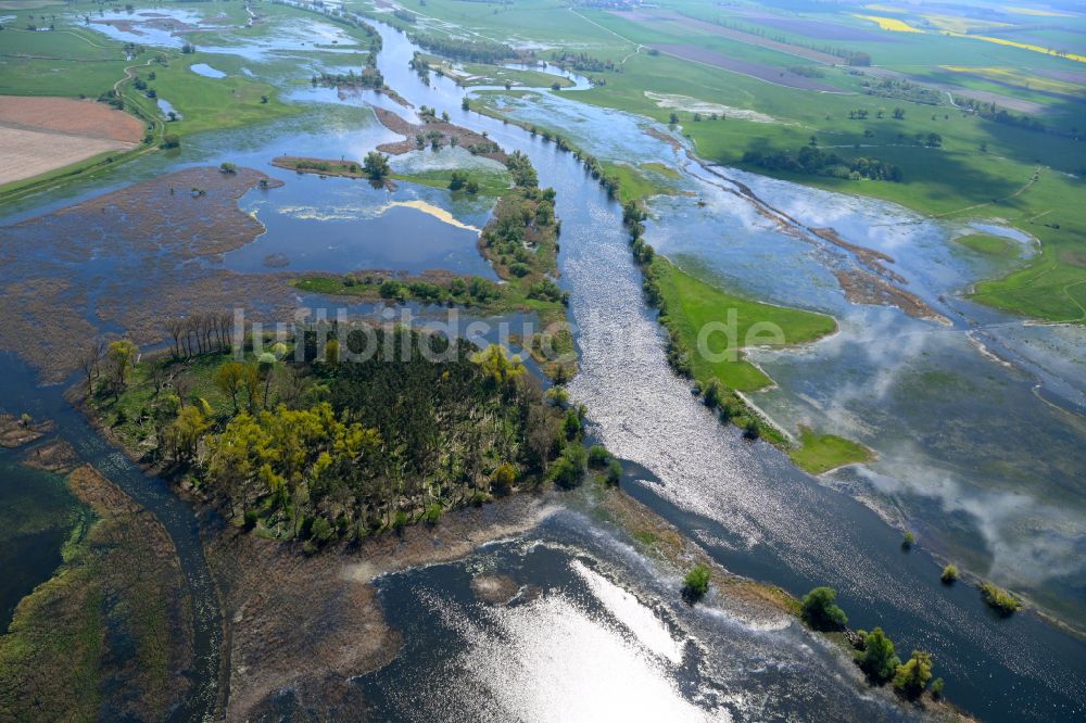 Luftaufnahme Jederitz - Überflutete Flutungswiesen am Hochwasser- Pegel führenden Flußbett der Havel in Jederitz im Bundesland Sachsen-Anhalt, Deutschland