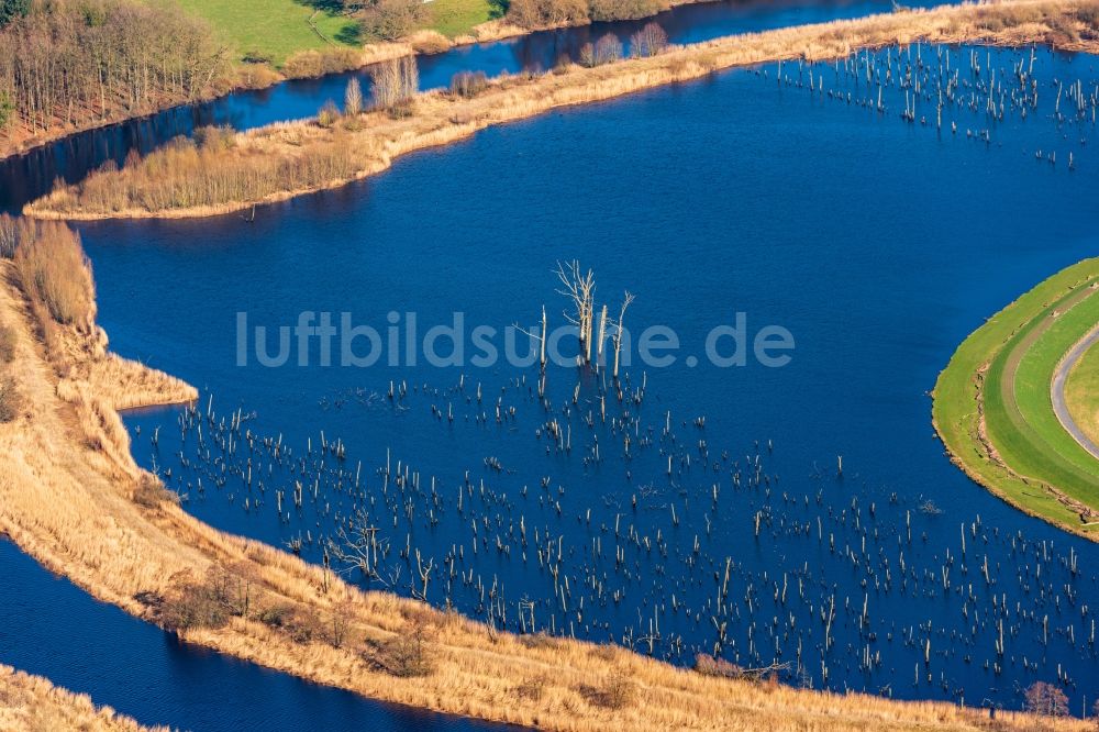 Estorf von oben - Überflutete Flutungswiesen am Hochwasser- Pegel führenden Flußbett des Naturschutzgebiet Osteschleifen in Estorf im Bundesland Niedersachsen, Deutschland