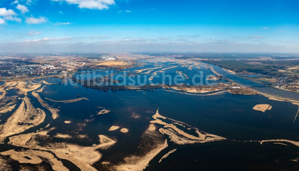 Luftaufnahme Schwedt/Oder - Überflutete Flutungswiesen am Hochwasser- Pegel führenden Flußbett der Oder in Schwedt/Oder im Bundesland Brandenburg, Deutschland