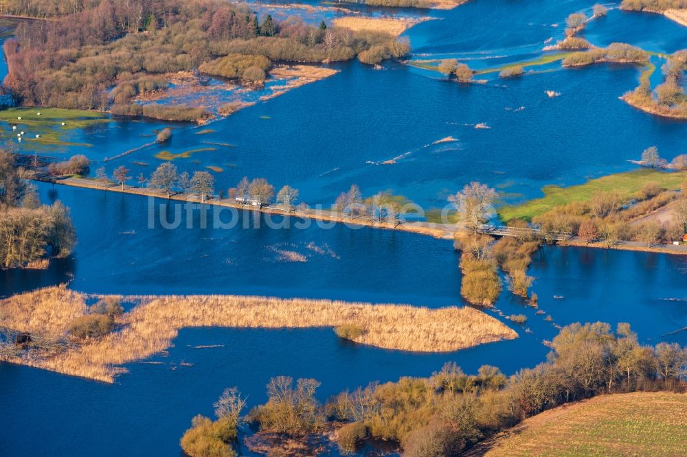 Luftaufnahme Bremervörde - Überflutete Flutungswiesen am Hochwasser- Pegel führenden Flußbett der Oste in Bremervörde im Bundesland Niedersachsen, Deutschland