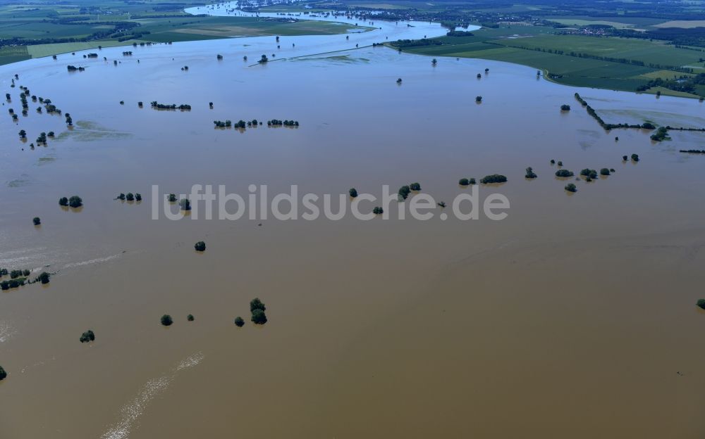 Luftaufnahme Schützberg - Überflutete Landschaft mit Hochwasser Pegel - Situation durch Überschwemmung, Dammbruch und Übertritt der Ufer der Elbe bei Schützberg im Bundesland Sachsen-Anhalt